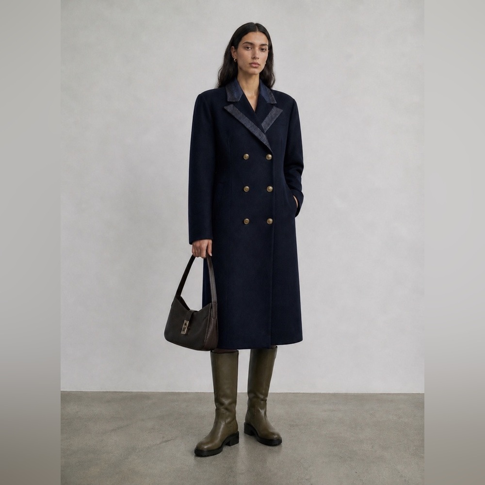 VINTAGE - Cleo Petites Pure Virgin Wool Coat Navy Suede Trim Structured Shoulder